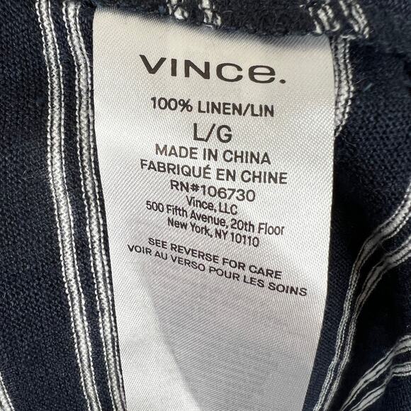 VINCE Navy White Top Linen Striped Henley Neck Short Sleeve Classic Size Large L - Picture 9 of 11